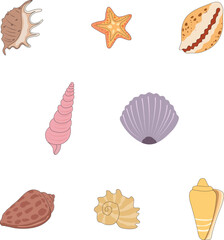Seashells cartoon hand drawn set. Ocean marine shell, starfish spiral mollusk, conch sink. Tropical travel under water design elements flat colorful collection.