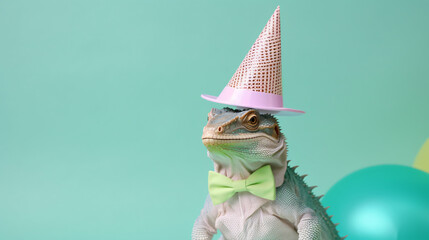 Creative animal concept. Basilisk in party cone hat - obrazy, fototapety, plakaty