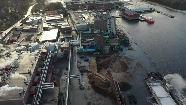 Aerial view of paper mill industrial factory