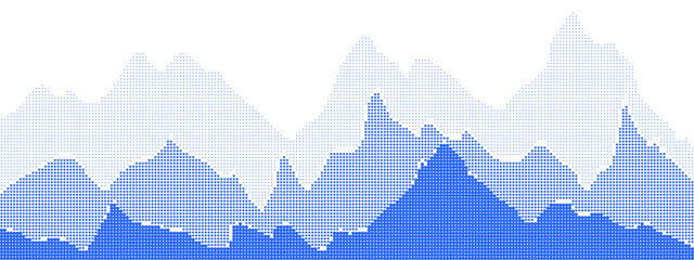 Blue halftone mountain landscape with dot pattern. Background with three rows of gradient rocks. Screentone vector illustration in pop art style - obrazy, fototapety, plakaty