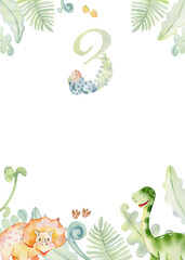 Third birthday. Watercolor frames with cute dinosaurs.