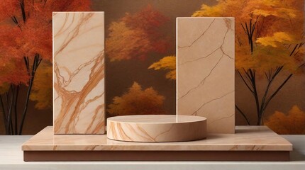3d render, abstract background with marble podiums and colorful autumn leaves.