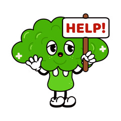 Broccoli with an inscription help character. Vector hand drawn traditional cartoon vintage, retro, kawaii character illustration icon. Isolated white background. Broccoli character