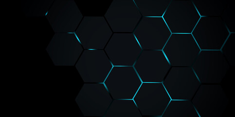 Dark gray and blue horizontal hexagonal technology abstract background. Blue bright energy flashes under hexagon in futuristic modern technology wide banner - obrazy, fototapety, plakaty