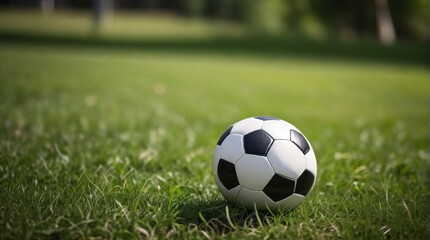 Fototapeta premium Soccer ball on the grass in the park. Football background.