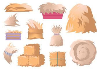 Haystacks set in flat cartoon design. Demonstration of the charm of the countryside with this colorful set, featuring picturesque haystacks against a white backdrop. Vector illustration.