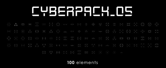 Cyberpunk style set of elements. Square, triangle, circle, and rhombus targets, aims, sights, and crosshairs. A pack of futuristic aims. A vector collection of futuristic cyberpunk design elements