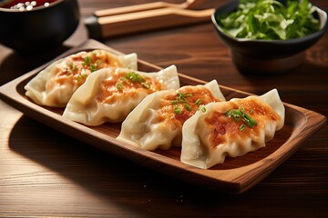 Dumplings. Traditional Chinese Thai restaurant appetizer, fried dumplings or wontons. Made from wonton wrappers and filled with Chinese veggies and served with a chili dipping sauce or soy sauce.