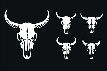 Beautiful cow skull on a black background. Vector illustration set.