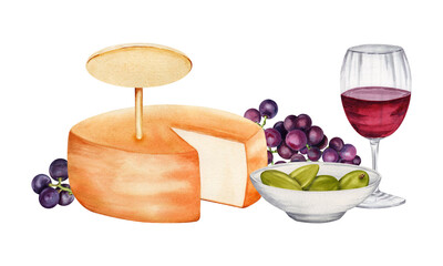 Composition with cheese, bowl of green olives, bunches of red grapes and glass of red wine. Hand drawn watercolor illustration isolated on transparent background. Picnic tasting. Empty mock up tag.