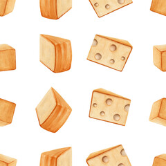 Seamless pattern with pieces of cheese facing different directions. Hand drawn watercolor illustration isolated on transparent background. Textile, fabric, tea tower, wallpaper, card design element.