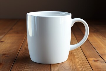 Blank white mug on the wooden table for your mock up. Generative AI