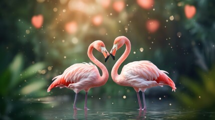 Naklejka premium Pair of Flamingos in a Romantic Water Setting