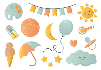 Kids cute elements set in flat cartoon design. This colorful set of kids' attributes highlight vibrant hues and playful designs come together to inspire imagination and joy. Vector illustration.