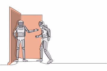 Fototapeta na wymiar Single continuous line drawing young astronaut at the door welcomes his friend in. Spaceman inviting his friend to get into his house. Cosmonaut deep space. One line graphic design vector illustration