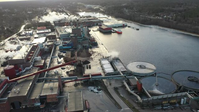 Aerial view of paper mill industrial factory