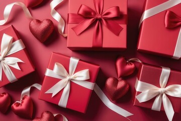 Valentine's day background. Red gift boxes with white ribbon and red hearts on pink background