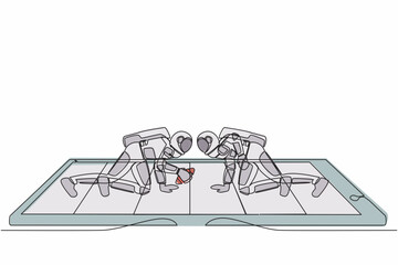 Continuous one line drawing american football field with two astronaut players on smartphone screen. American football online game. Cosmonaut outer space. Single line draw design vector illustration