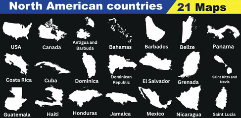North America, 21 countries’ maps collection, Includes USA, Canada, Mexico, Argentina, Bahamas, Barbados, Belize, Bolivia, Costa Rica, Cuba, Dominican Republic, El Salvador, Grenada, Guatemala, Haiti