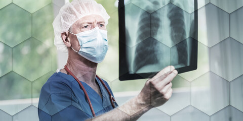 Surgeon examining lungs x-ray during coronavirus outbreak, geometric pattern