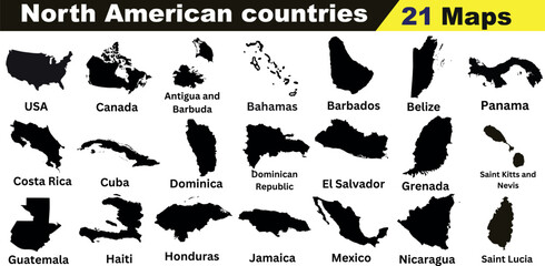 map of 21 countries of North America vector illustration, including USA, Canada, Mexico,Antigua and Barbuda, Bahamas, Barbados, Belize, Canada, Costa Rica, Cuba, Dominica, Dominican Republic,Grenada, - obrazy, fototapety, plakaty
