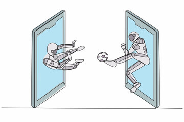 Single one line drawing astronaut football player kicking ball, goalkeeper saving goal on smartphone screen. Online football games. Cosmic galaxy space. Continuous line draw design vector illustration