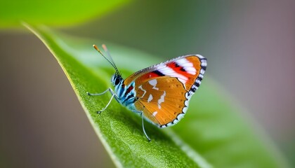Obraz premium a closeup macro shot of a small tiny colorful butterfly on a leaf