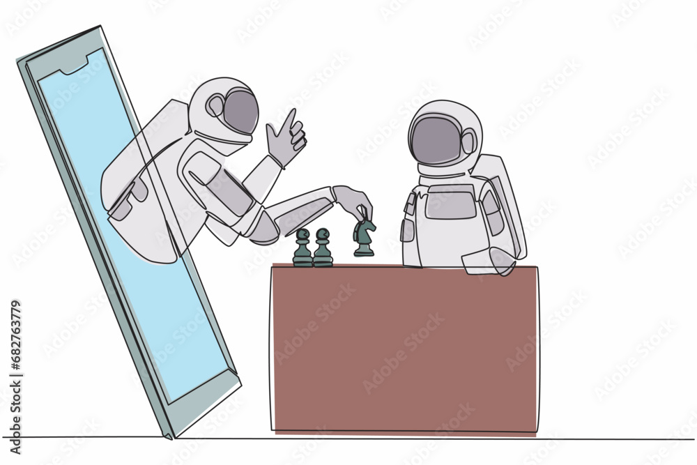 Poster single continuous line drawing two astronaut sitting at table and playing online chess. one player s