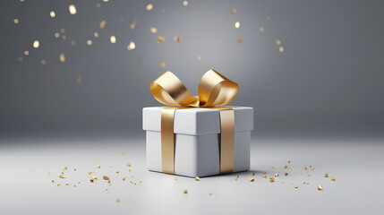 white gift box with a golden bow and confetti falling around it
Golden ribbon gift box confetti. New holiday. Generate Ai
