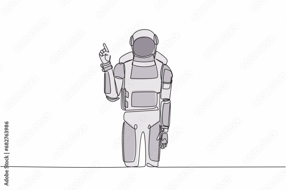 Poster continuous one line drawing young astronaut standing with finger index up gesture in moon surface. e