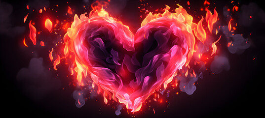 banner of heart shape neon fire. Concept of Valentine's day