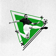 Contemporary art collage. Contemporary art collage. Professional football player performing kick of ball with leg against white background. Paper filter.