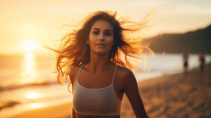 Beauty isolated young woman jogging running on defocused bokeh flare beach background at sunset