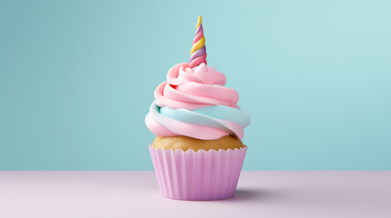 Cupcake with pastel colored frosting and unicorn horn