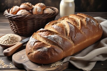 Loaf of bread with sesame seeds and milk on wooden background