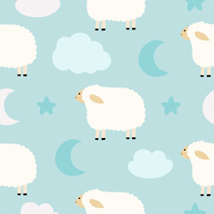 Seamless pattern with cute sheep, moon, star, cloud for your fabric, children textile, apparel, nursery decoration, gift wrap paper, baby's shirt. Vector illustration