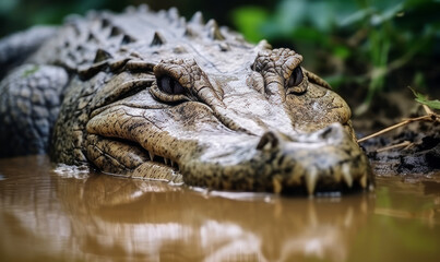 Fototapeta premium A close-up of an alligator's head, eyes above water, waiting in the wild.
