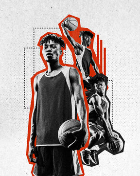 Fototapeta Poster. Contemporary art collage. African-American man confident throw into hoop, throwing slam dunk against white background. Paper filter.