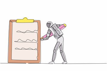 Single one line drawing young astronaut standing and mark checklist with big pencil in moon surface. Spaceship checklist project. Cosmic galaxy space. Continuous line draw design vector illustration