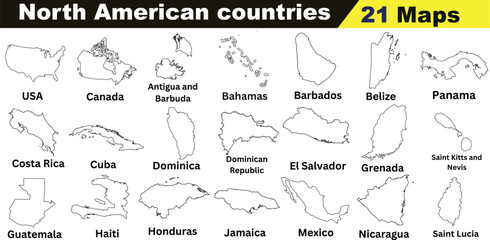 North America, 21 countries, vector maps, black and white outline. Featuring USA, Canada, Mexico, Cuba, Bahamas, Barbados, Belize, Panama, Costa Rica, Dominican Republic, El Salvador, Grenada, Guatema