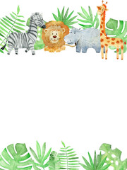 Obraz na płótnie Canvas Baby shower card. Watercolor safari card with animals.