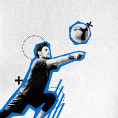 Contemporary art collage. Young man, volleyball player performing kick ball with hands and blue silhouette against white background in motion. Paper filter.