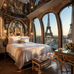 Foto auf Glas a bedroom with a large window overlooking the eiffel tower © Iurie
