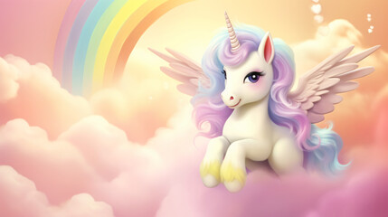 Cute rainbow baby Pegasus unicorn horse background