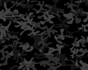Camouflage Military Hunter. Black Repeat Pattern. Seamless Vector Background. Urban Camo Paint.  Seamless Brush. Modern Gray Pattern. Digital Dirty Camouflage. Army Gray Grunge. Tree Woodland Print. - obrazy, fototapety, plakaty