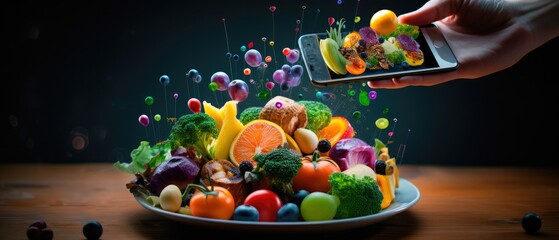 Smartphone capturing floating fruits and vegetables. Digital food photography.