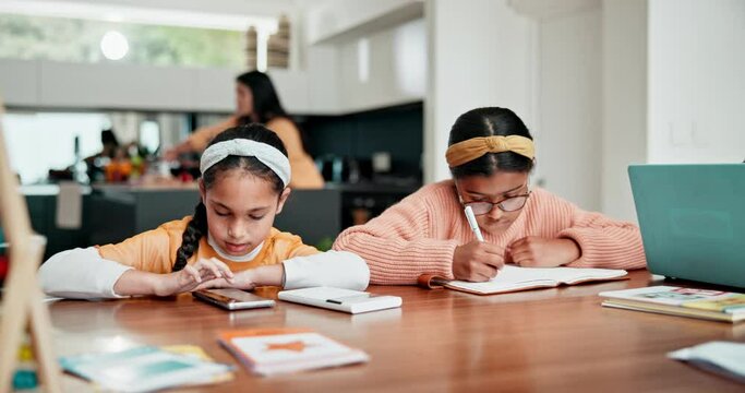 Home school sisters, phone and children notebook notes, writing homework info and typing internet search. Learning, cellphone and kids youth development, academic education or student knowledge study