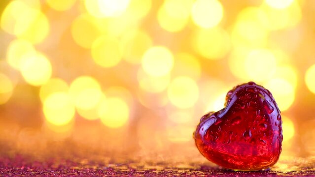4K drops of water drip on the red glass heart. Love. valentines day