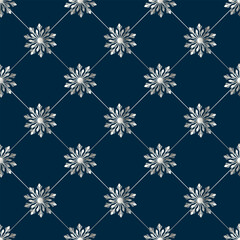 Vector New Year and Christmas seamless pattern with silver snowflakes on a dark blue background.