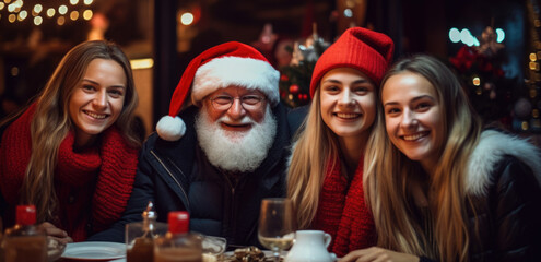 Obraz na płótnie Canvas Group Of Friends Enjoying Christmas Drinks In Bar with Santa